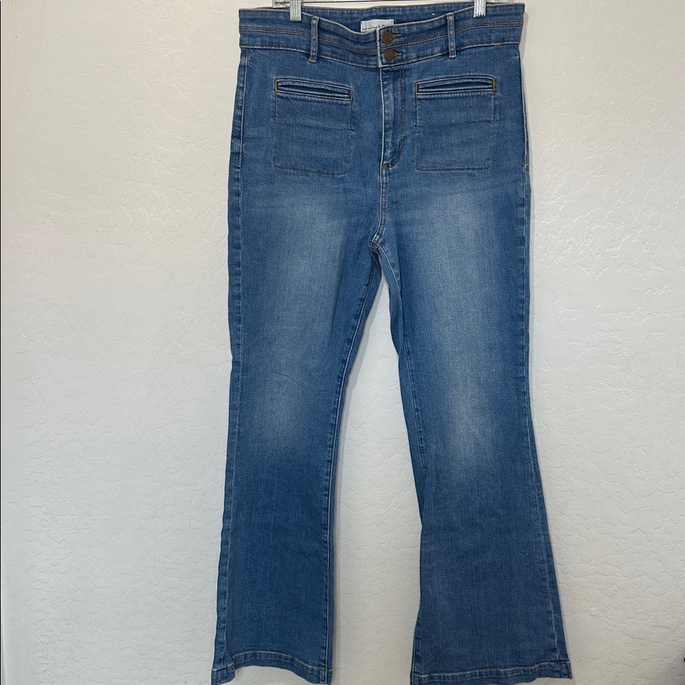 LOFT Blue Flare Jeans Mid Wash women’s 31 /12 welt pocket‎ boot cut high rise